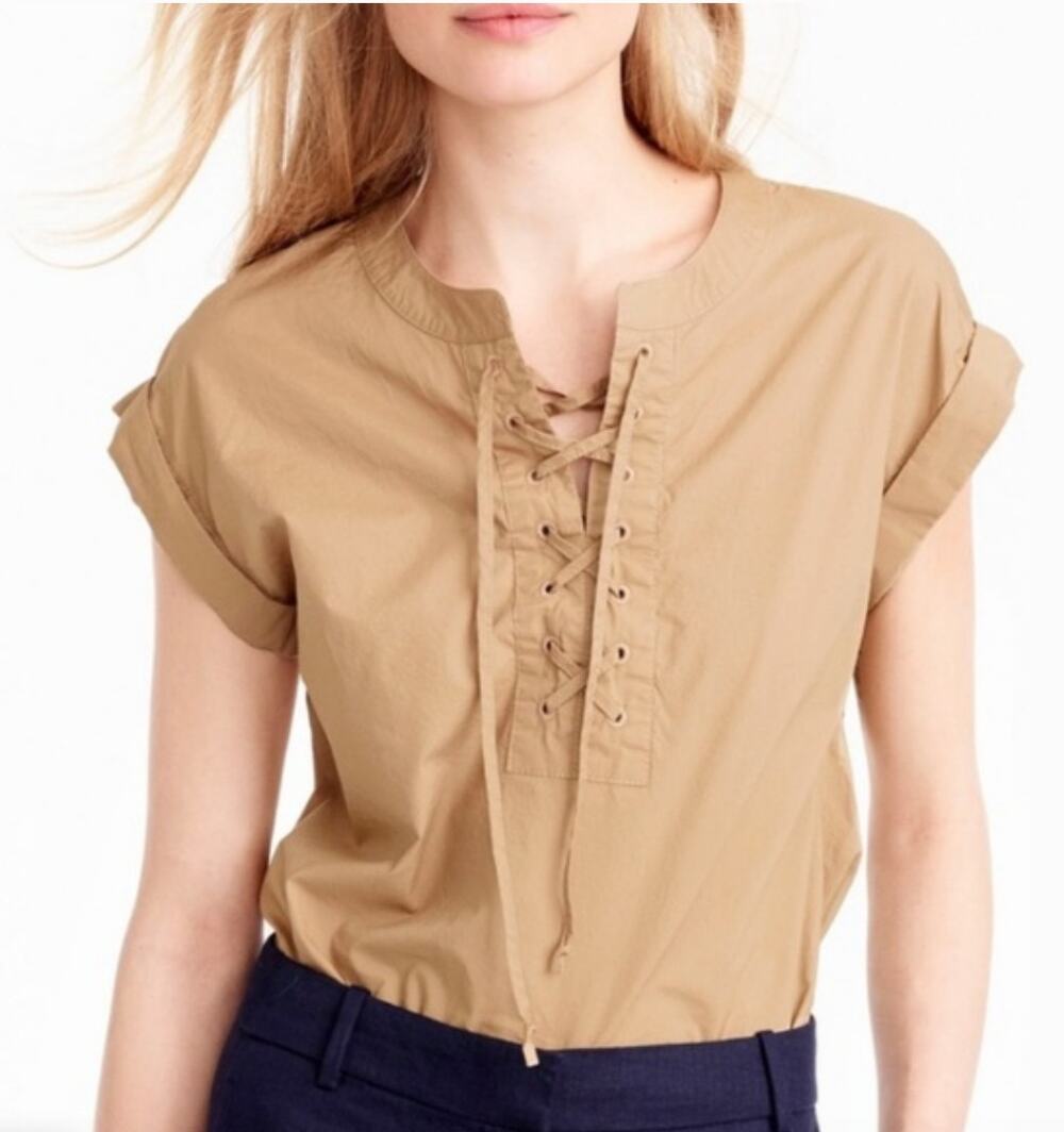 J.CREW Lace Up Popover Short Sleeve Top Brown Tan 100% Cotton Style G3922 Size 4